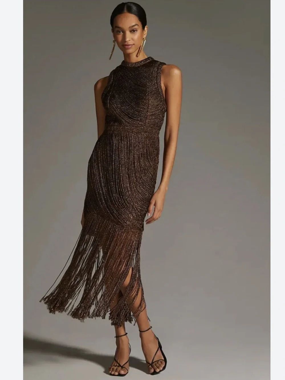 New Anthropologie Not So Serious-PallaviMohan Fringe Halter MidiDress Bronze 10